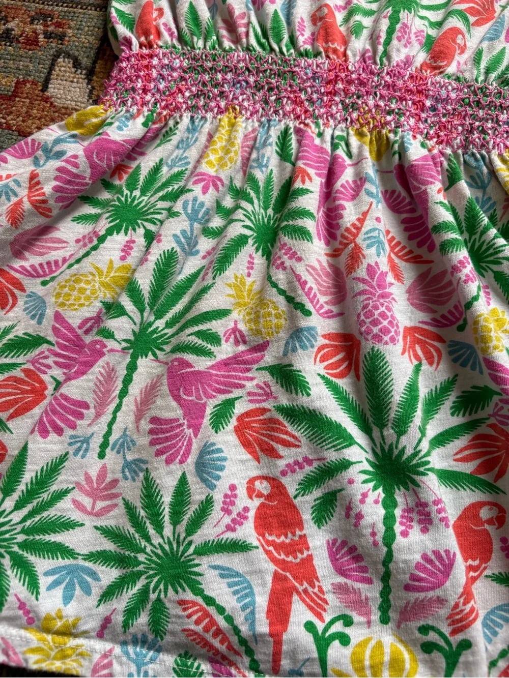 Mini Boden | Colorful Parrot & Palm Print Dress | Cotton | Pockets | 6-7 years - Picture 2 of 9